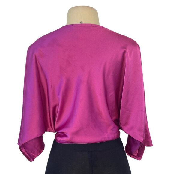 Renee C Women's Satin Fuchsia Knot Front Blouse With 3/4 Sleeves Size S - New - Picture 3 of 6